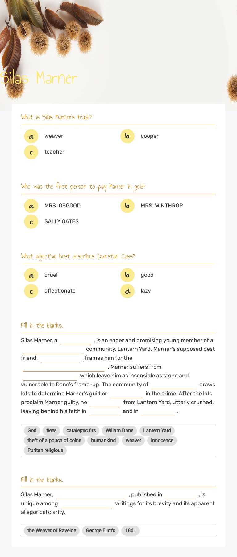 Silas Marner Preschool worksheet preview
