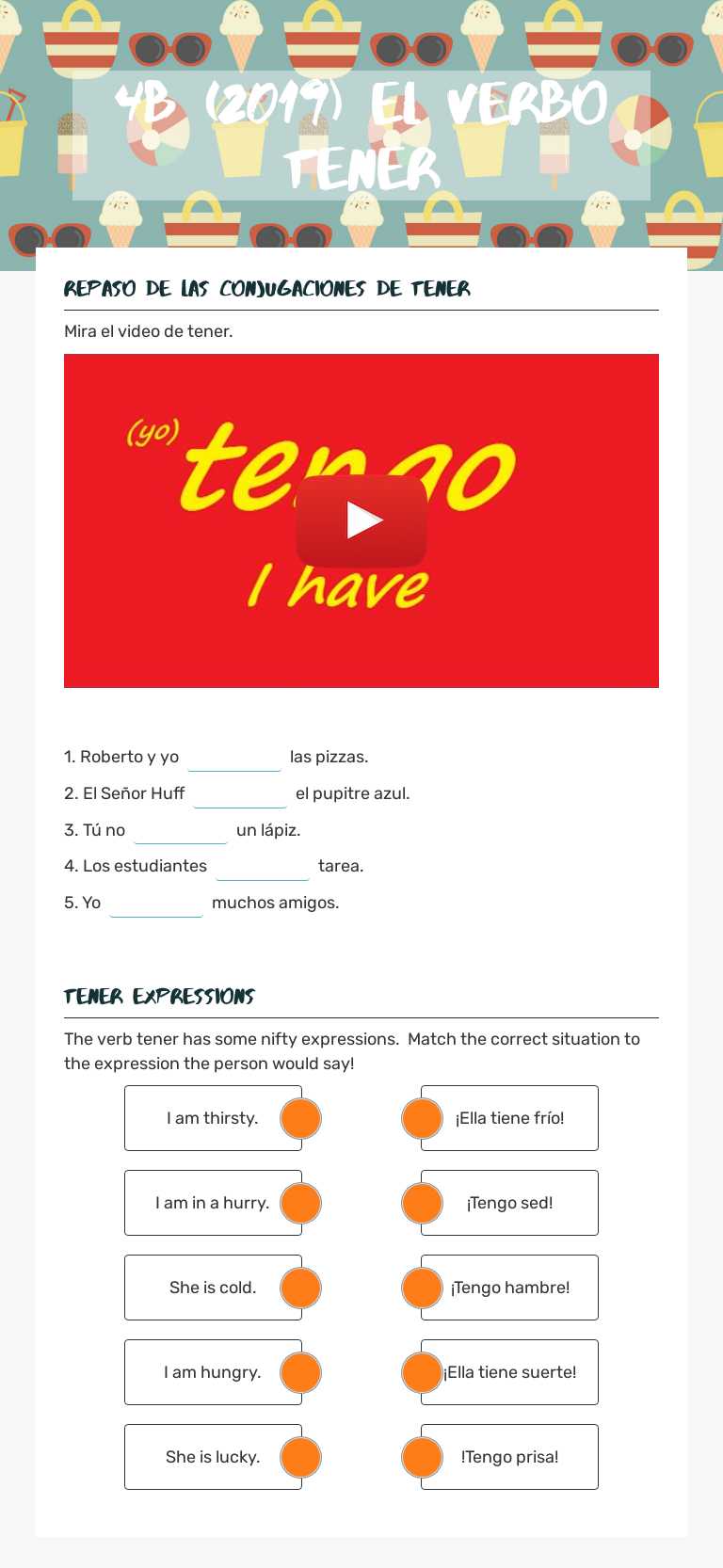 4B (2019) El verbo TENER worksheet preview image