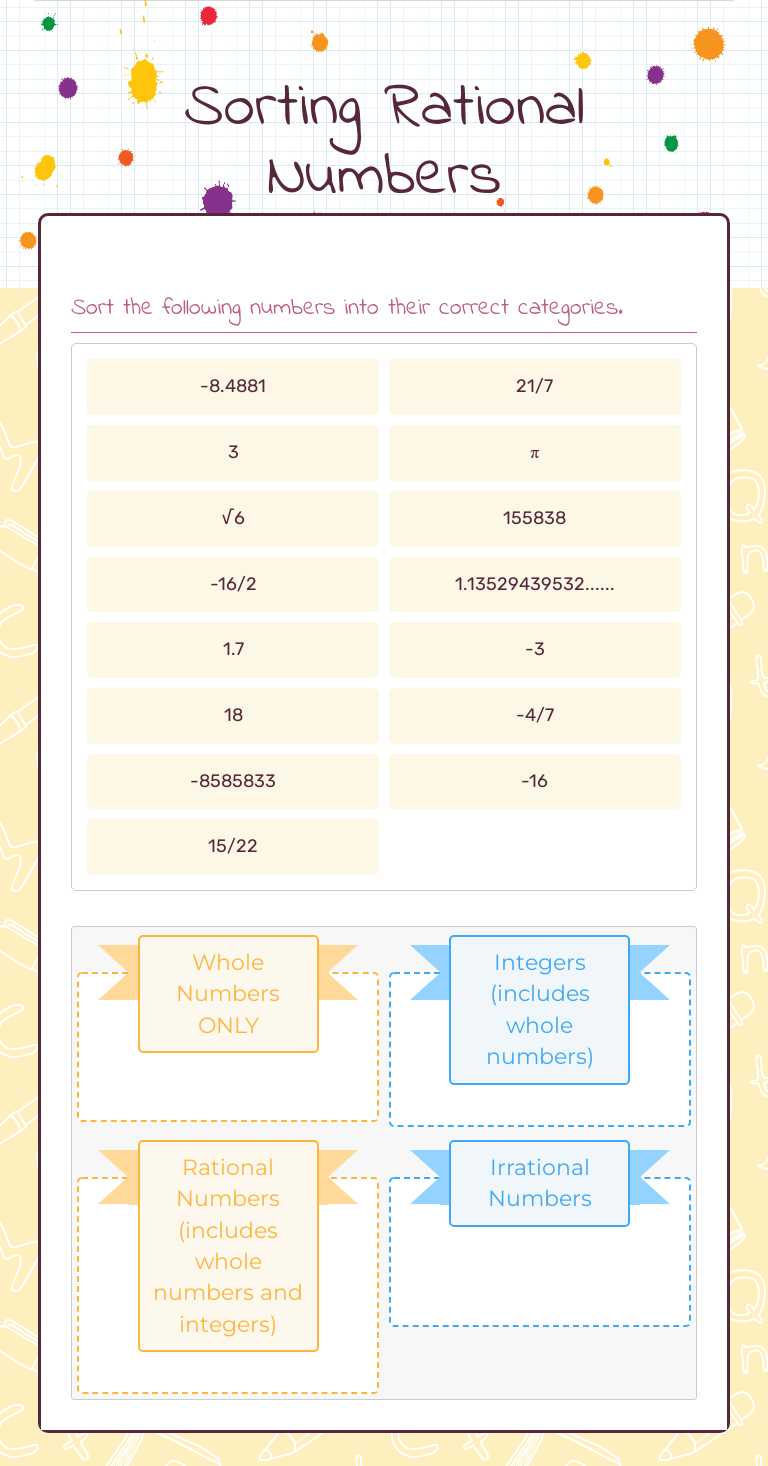Sorting Rational Numbers worksheet preview image