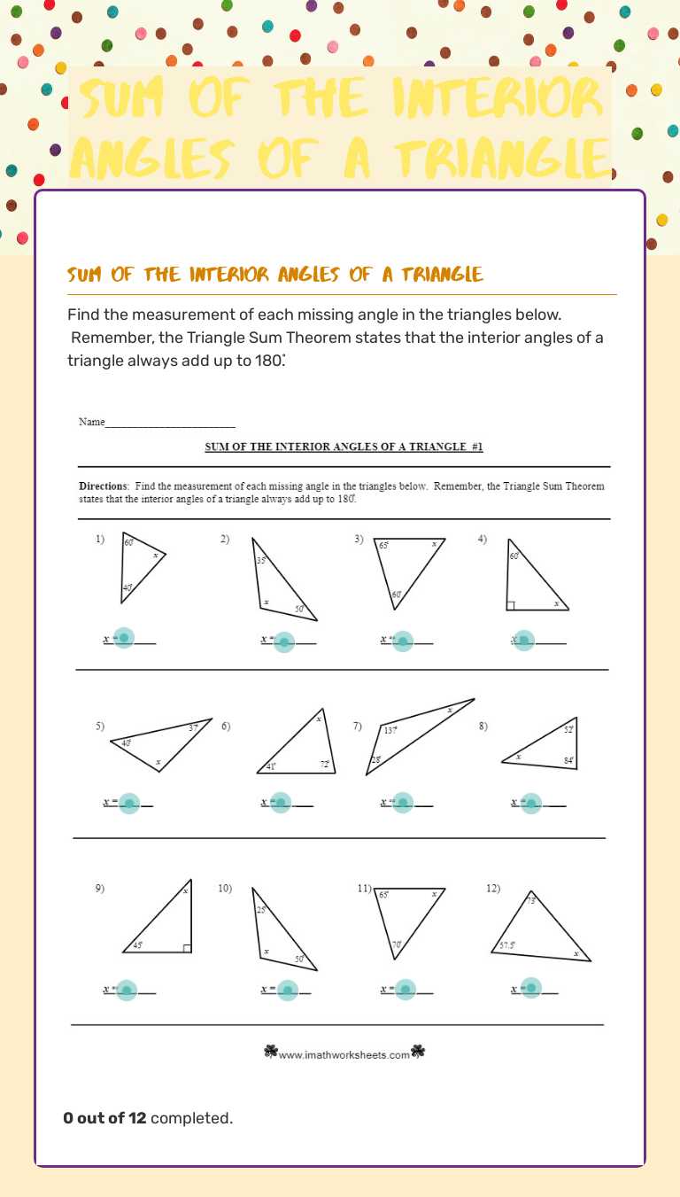 SUM OF THE INTERIOR ANGLES OF A TRIANGLE Grade 5 worksheet preview