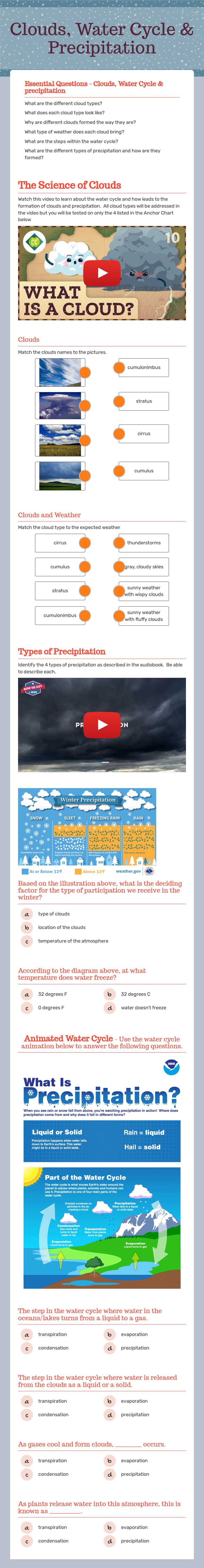 Clouds, Water Cycle & Precipitation Grade 5 worksheet preview