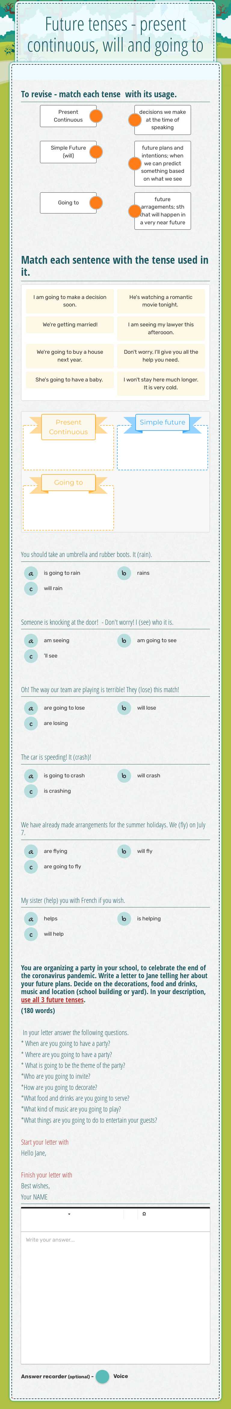 Future tenses - present continuous, will and going to Grade 9 worksheet preview