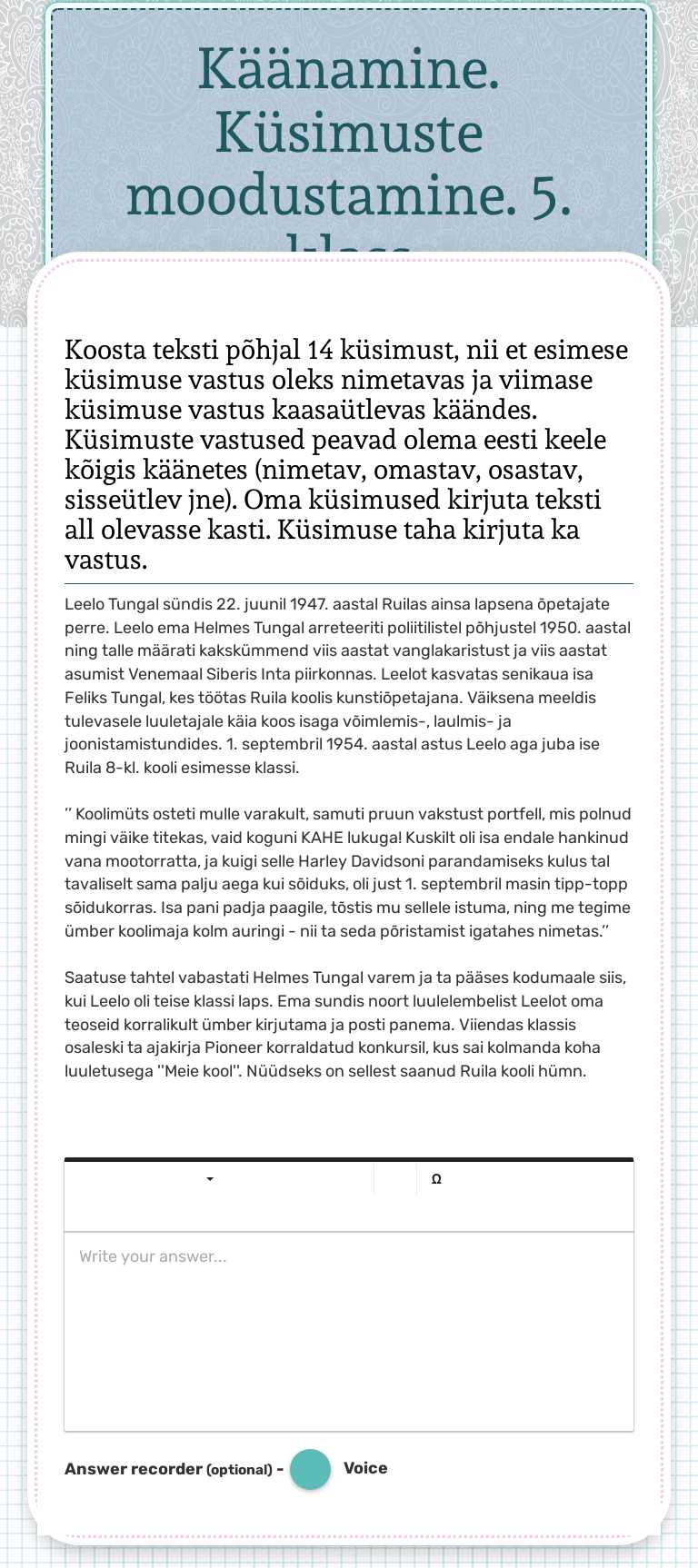 Käänamine. Küsimuste moodustamine. 5. klass worksheet preview image