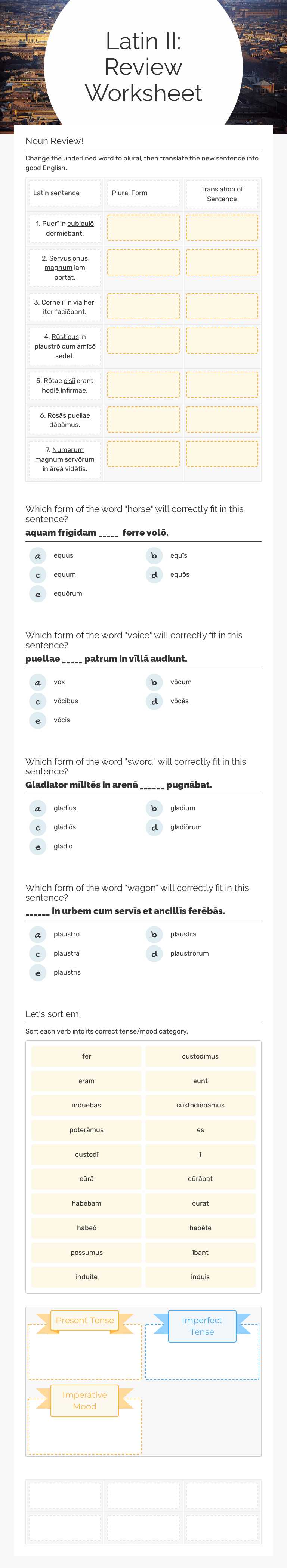 Latin II: Review Worksheet worksheet preview image