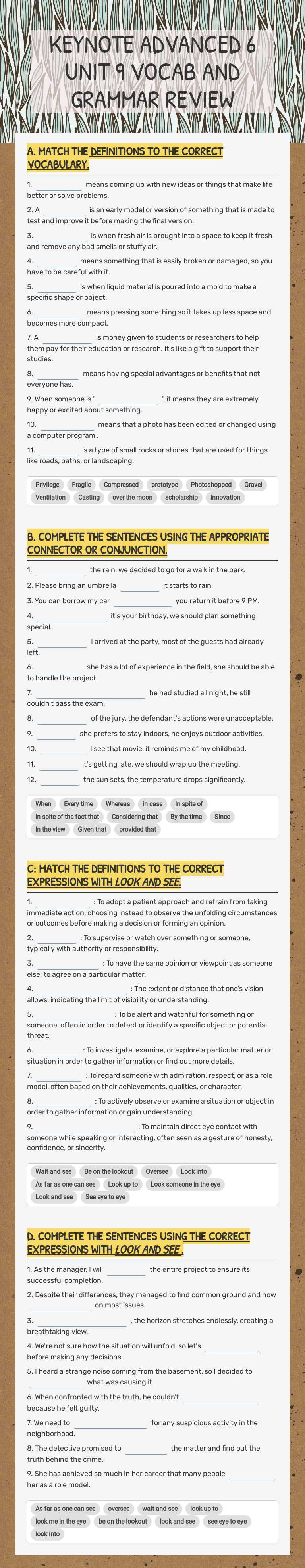 KEYNOTE ADVANCED 6 UNIT 9 VOCAB AND GRAMMAR REVIEW worksheet preview image