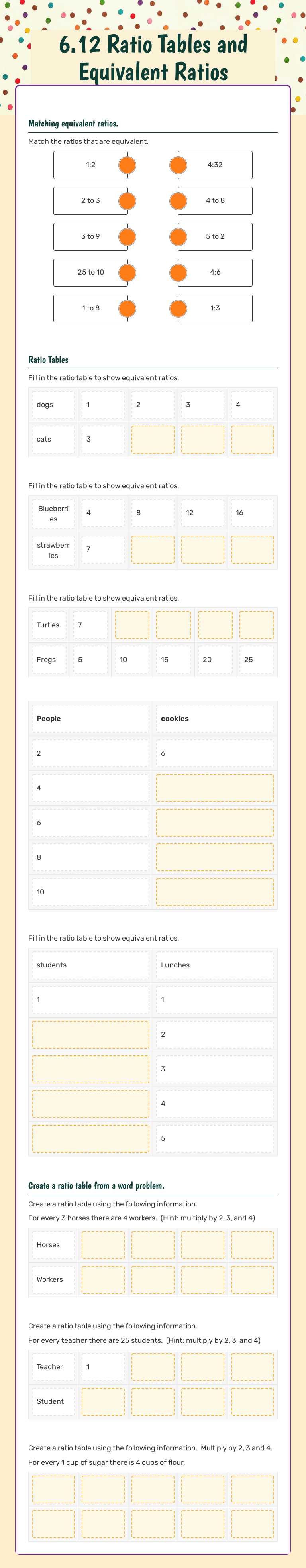 Ratio Tables and Equivalent Ratios worksheet preview