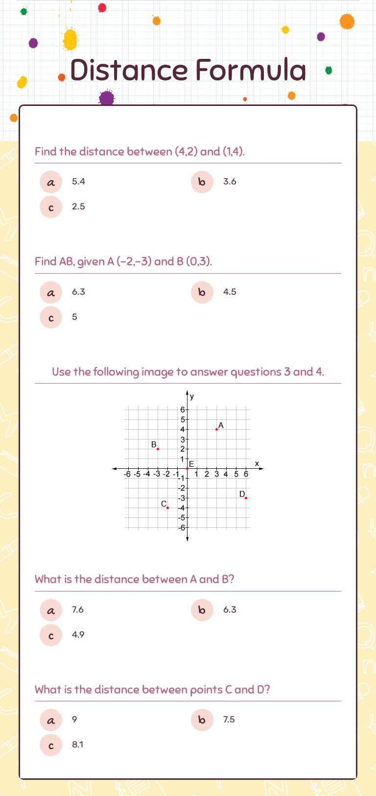Distance Formula Grade 10 worksheet preview
