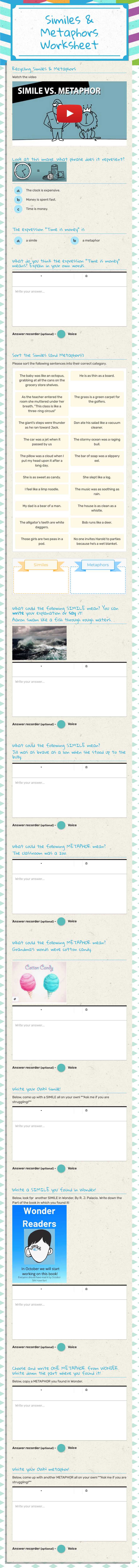 Similes & Metaphors Worksheet Grade 5 worksheet preview
