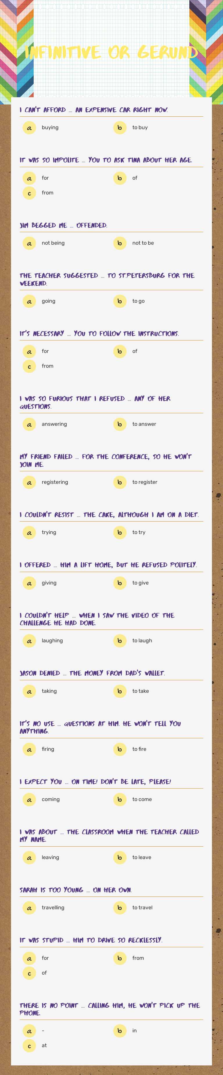 Infinitive or gerund worksheet preview image