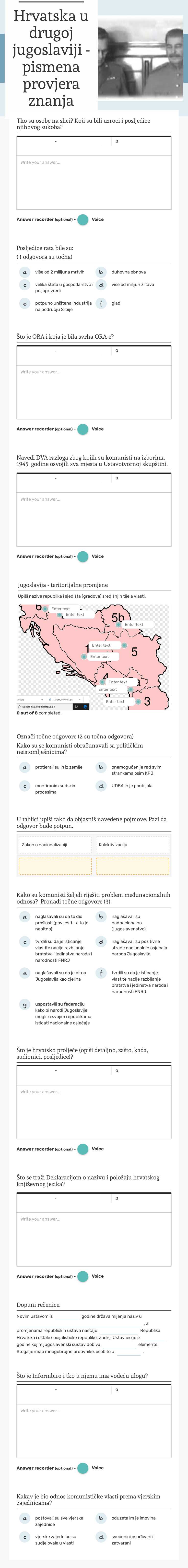 Hrvatska u drugoj jugoslaviji - pismena provjera znanja worksheet preview image