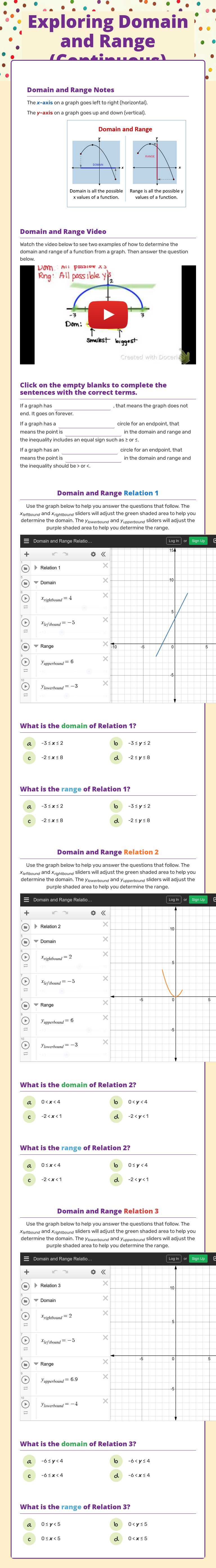 Exploring Domain and Range (Continuous) worksheet preview image