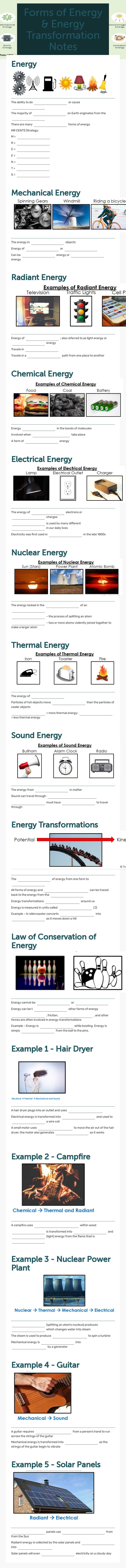 Forms of Energy & Energy Transformation Notes worksheet preview image
