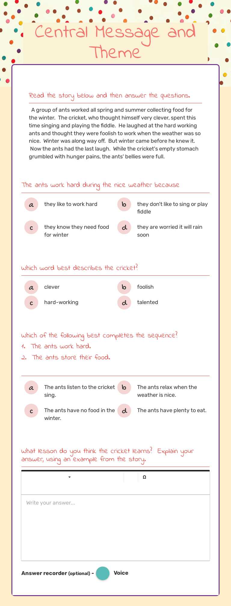 Central Message and Theme worksheet preview image