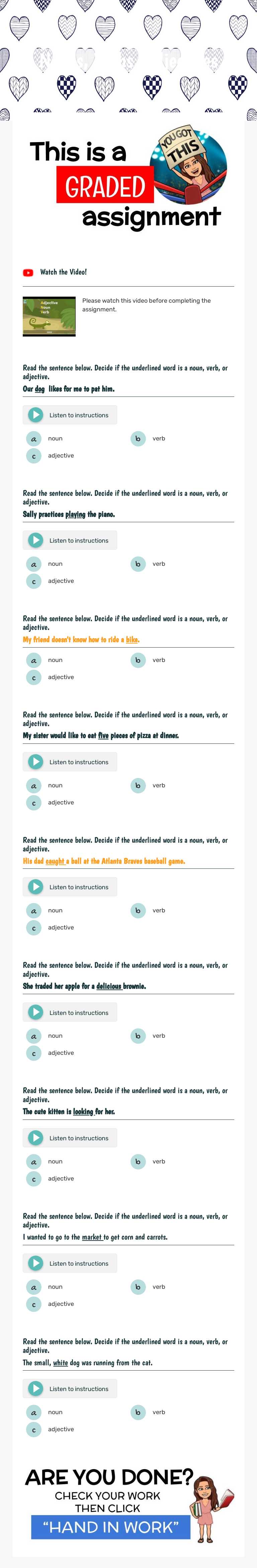 Nouns, Verbs, Adjectives worksheet preview image