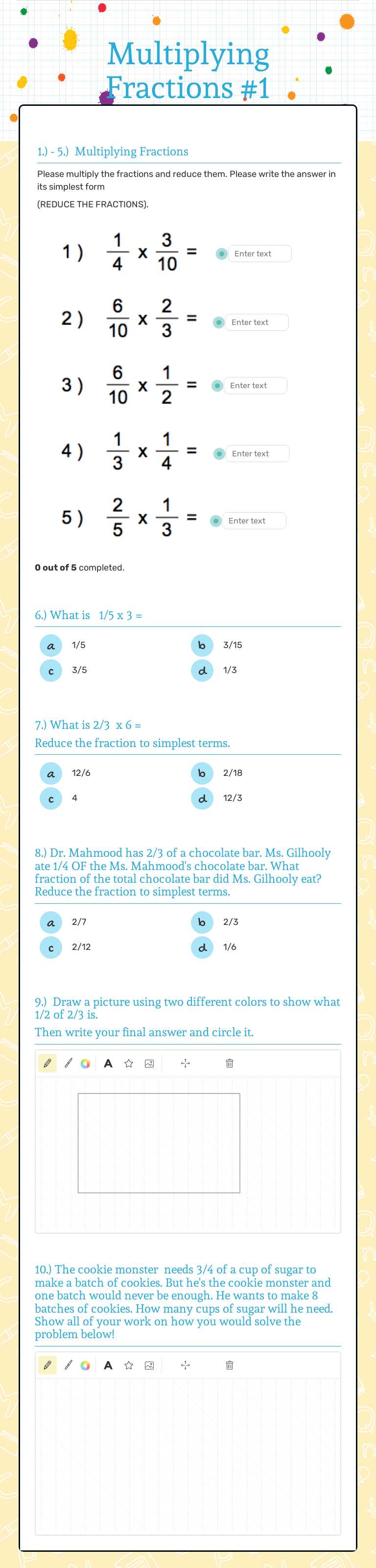 Multiplying Fractions #1 worksheet preview image