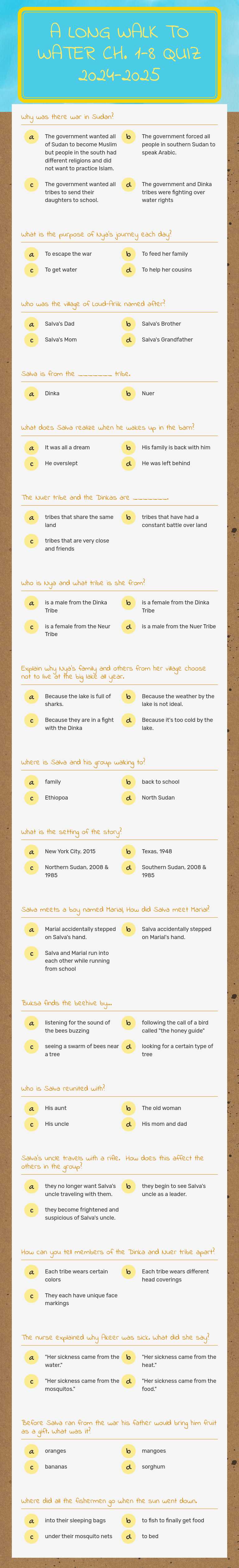 A Long Walk to Water Ch. 1-8 Quiz 2024-2025 worksheet preview image
