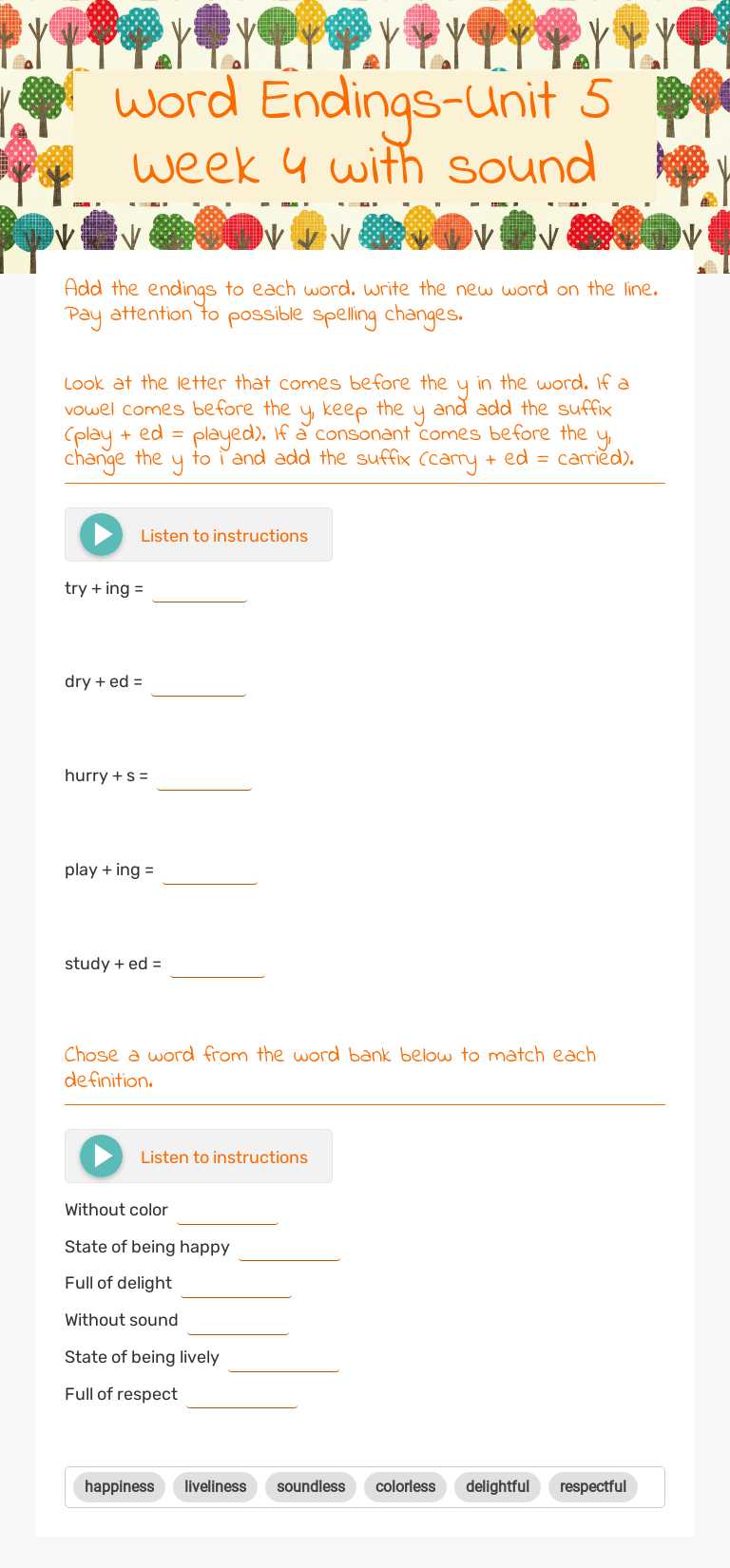 Word Endings-Unit 5 Week 4 with sound Grade 3 worksheet preview