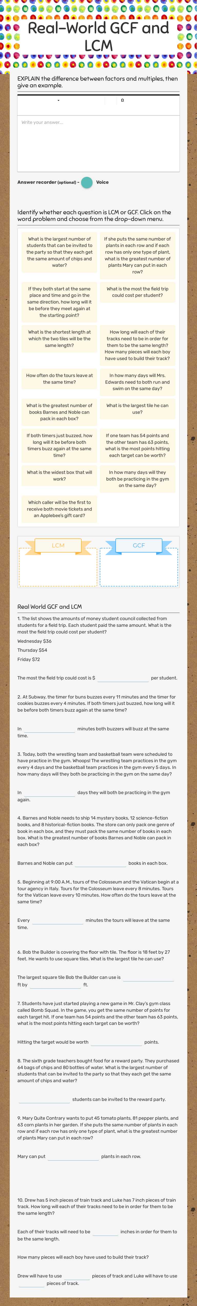 Real-World GCF and LCM worksheet preview image