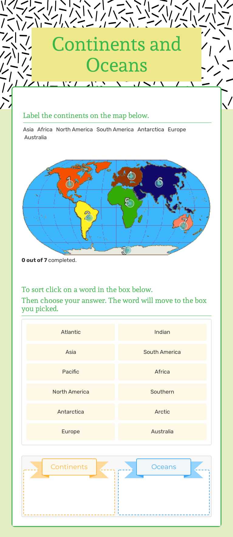 Continents and Oceans worksheet preview image