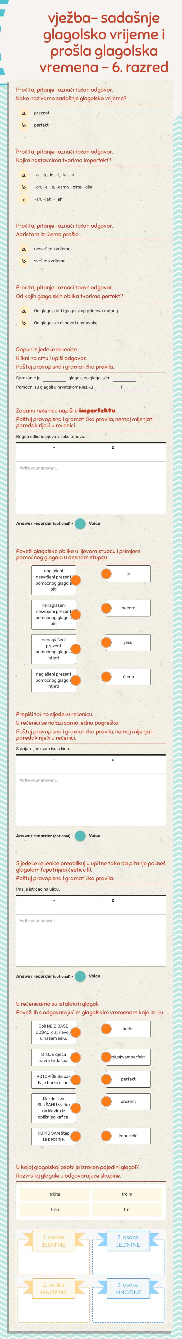 vježba- sadašnje glagolsko vrijeme i prošla glagolska vremena - 6. razred worksheet preview image
