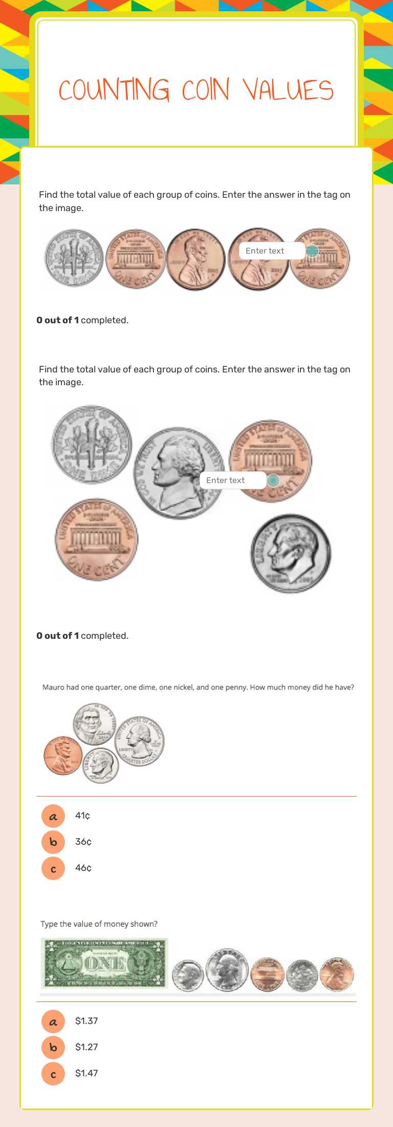 Counting Coin Values Grade 2 worksheet preview