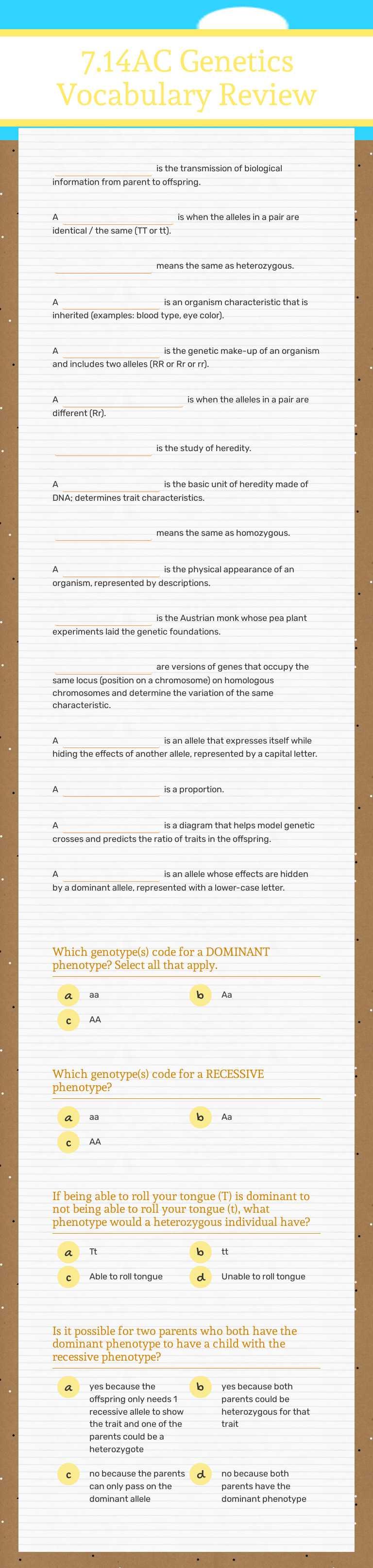 7.14AC Genetics Vocabulary Review Grade 7 worksheet preview