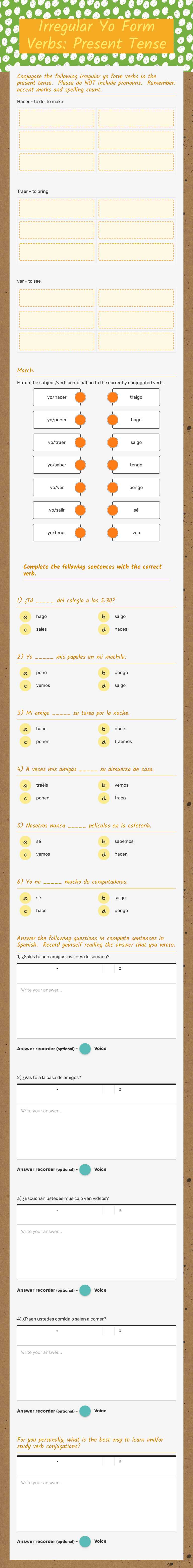 Irregular Yo Form Verbs: Present Tense worksheet preview image