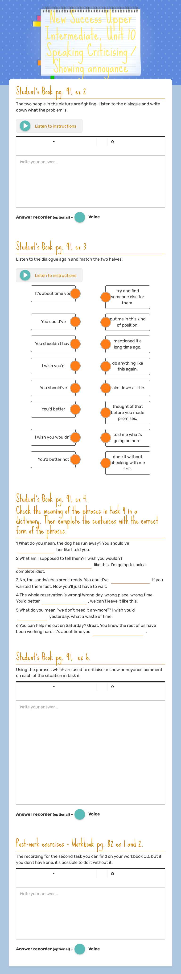 New Success Upper Intermediate, Unit 10 Speaking Criticising / Showing annoyance worksheet preview image