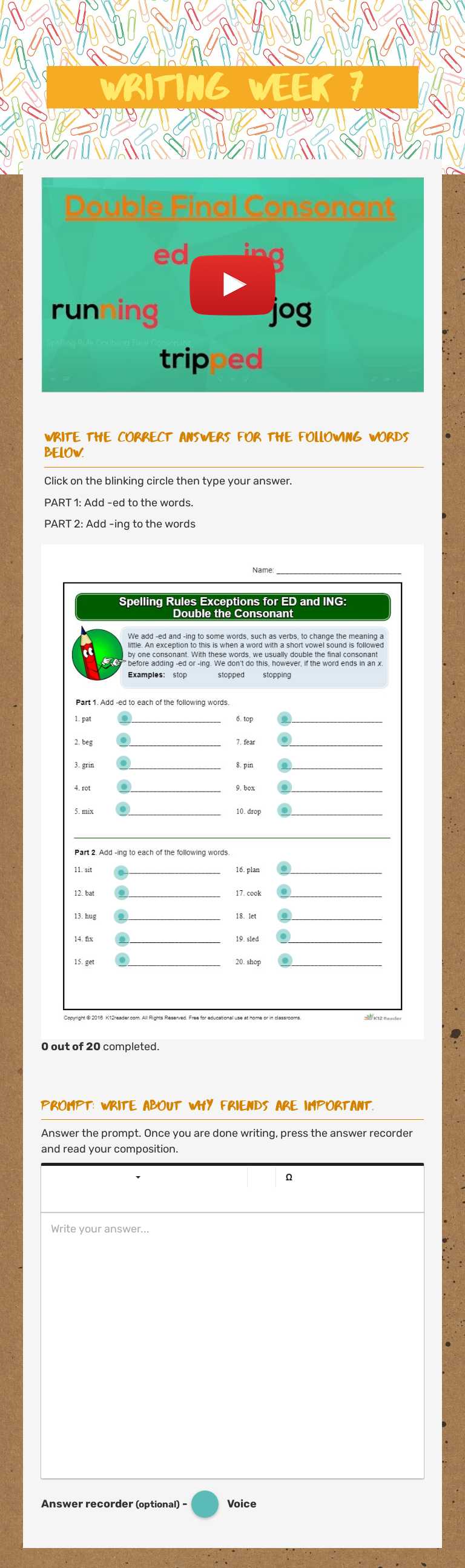 Writing week 7 worksheet preview image
