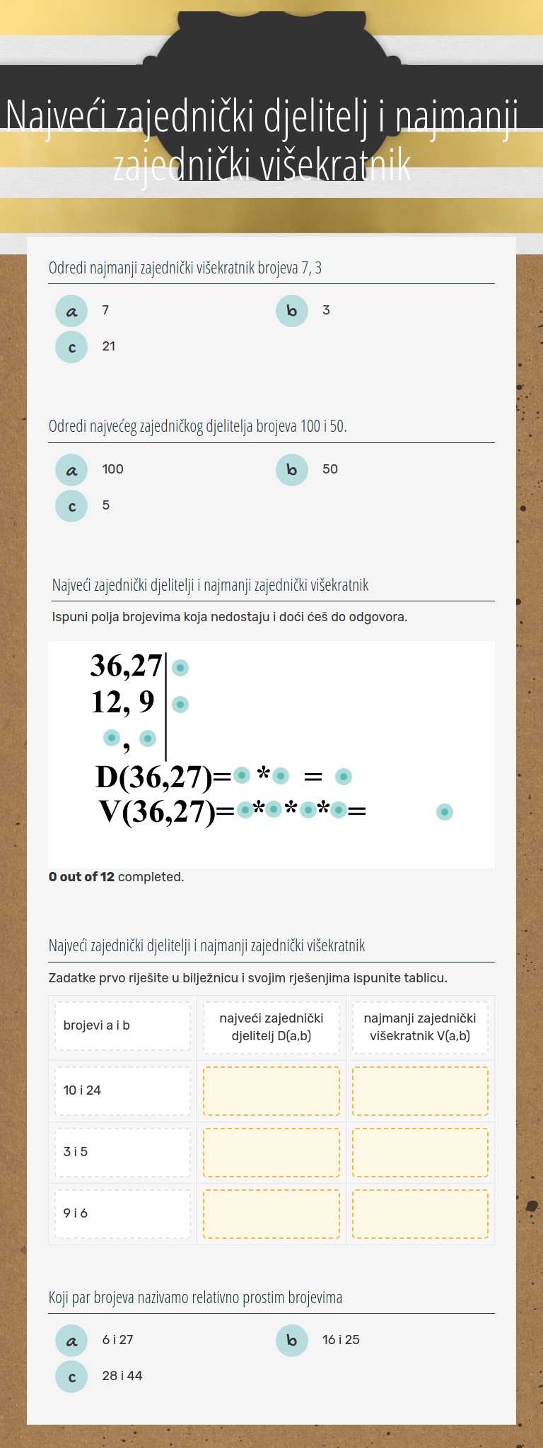 Najveći zajednički djelitelj i  najmanji zajednički višekratnik worksheet preview image