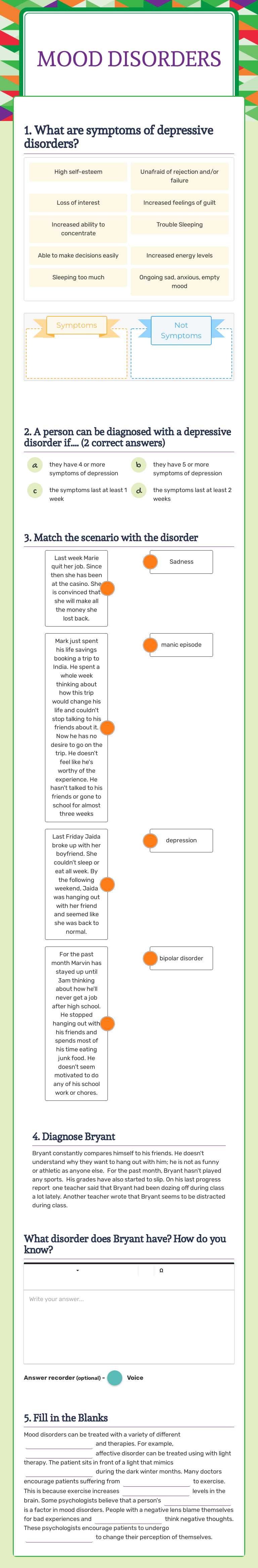Mood Disorders worksheet preview image