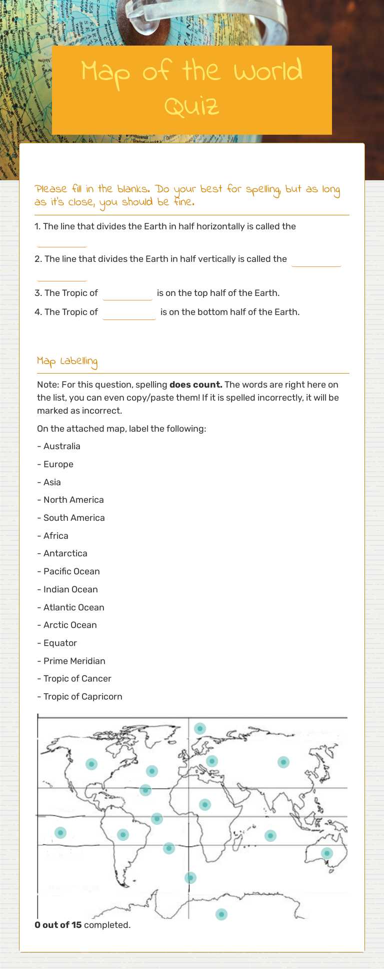 Map of the World Quiz worksheet preview image