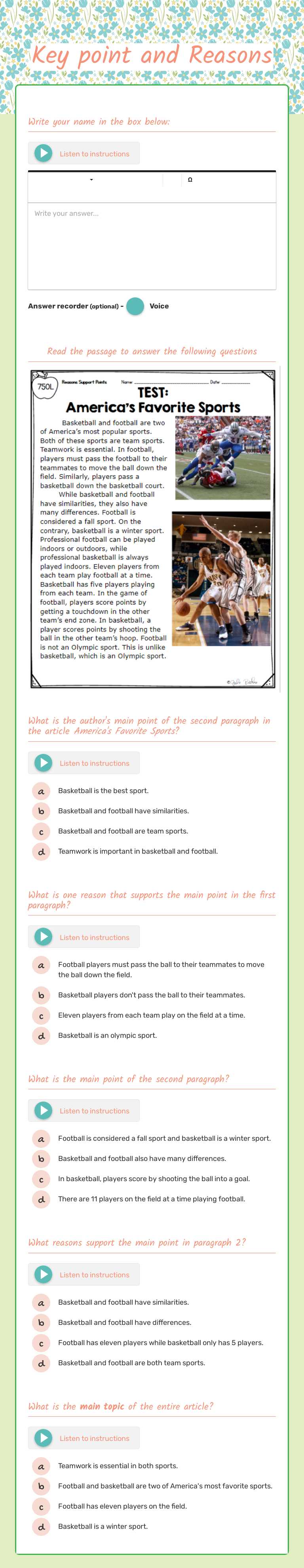 Key point and Reasons worksheet preview image