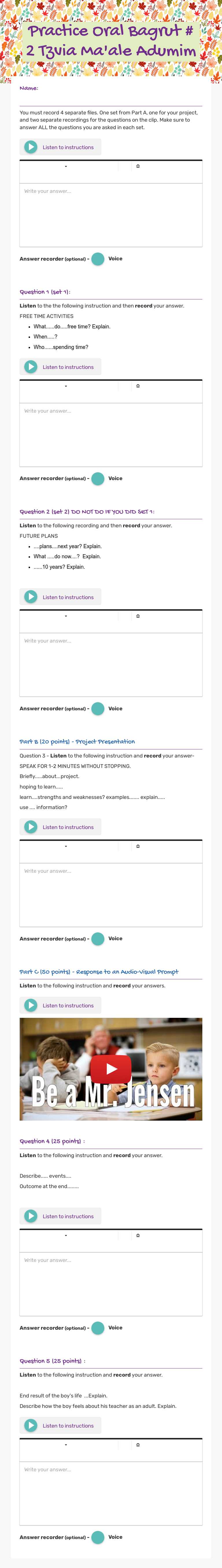 Practice Oral Bagrut  # 2       Tzvia Ma'ale Adumim Preschool worksheet preview