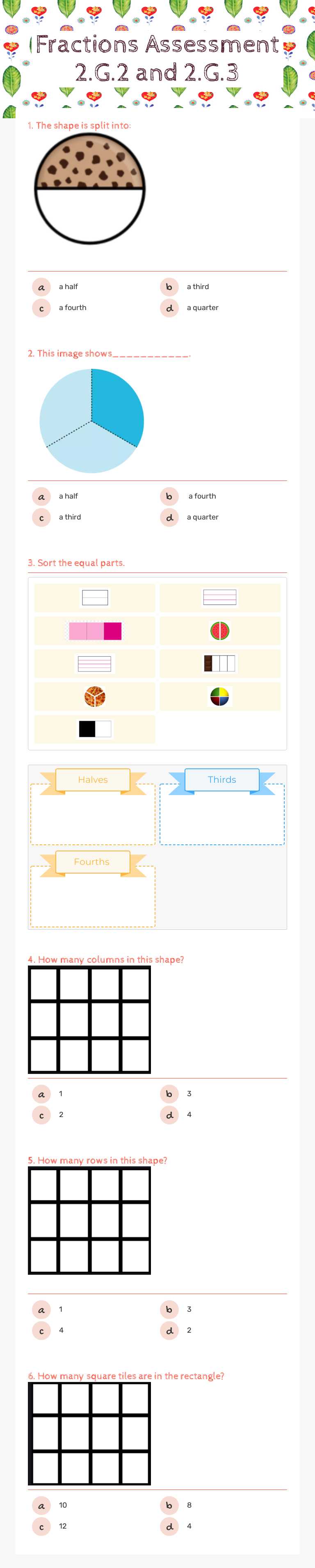 Fractions Assessment 2.G.2 and 2.G.3 Grade 2 worksheet preview