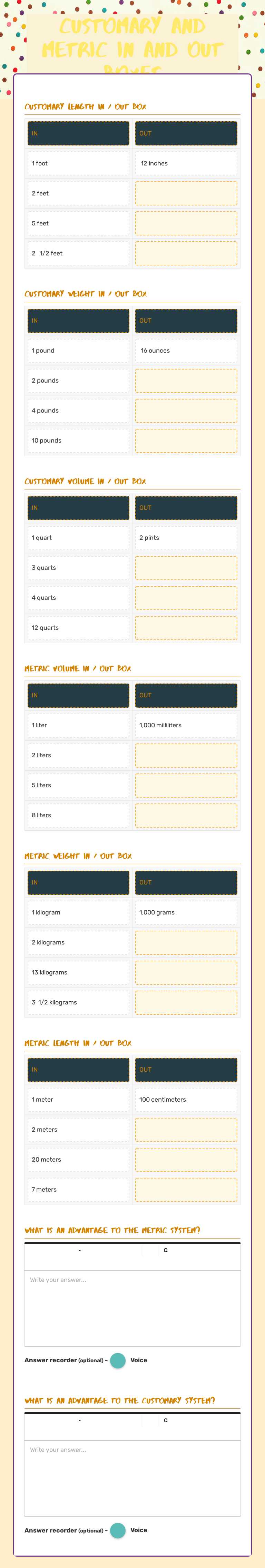 Customary and metric in and out boxes worksheet preview image