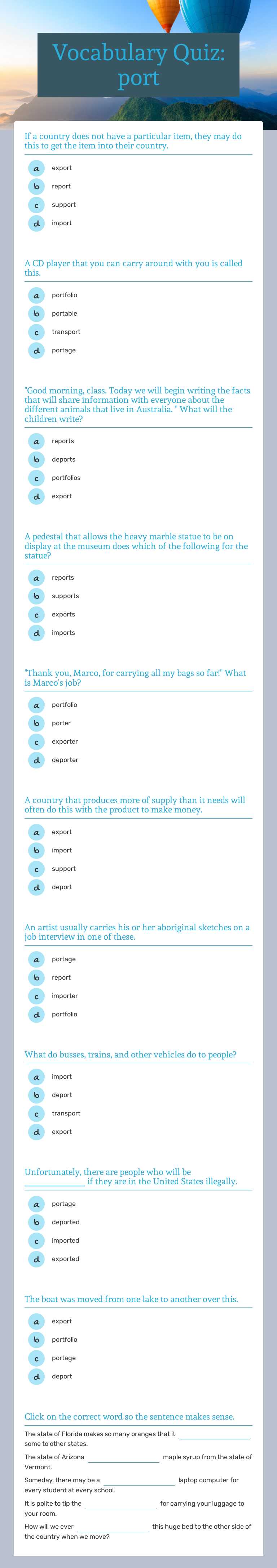 Vocabulary Quiz: port worksheet preview image