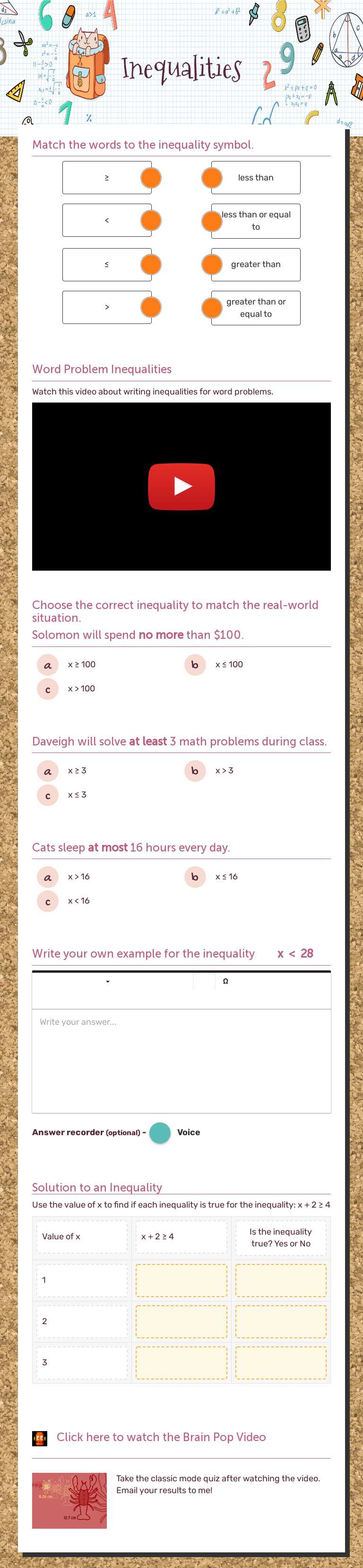Inequalities worksheet preview image