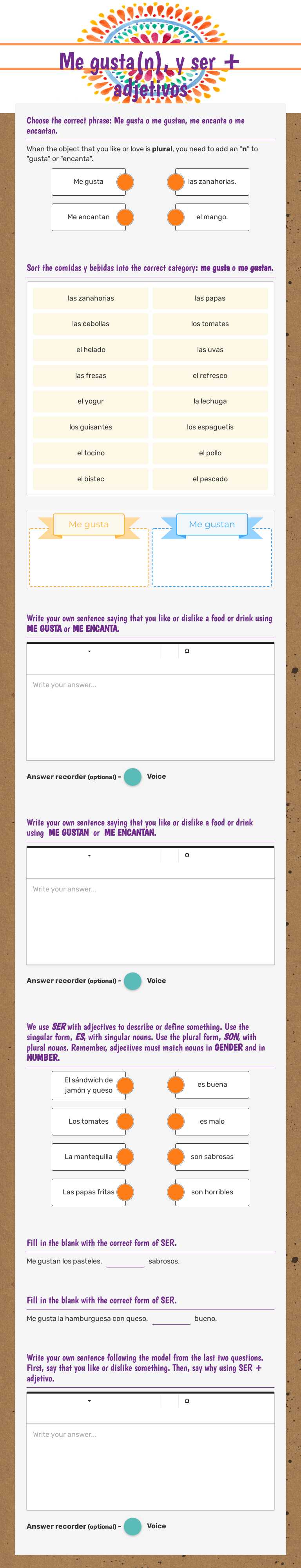 Me gusta(n), y ser + adjetivos Grade 7 worksheet preview