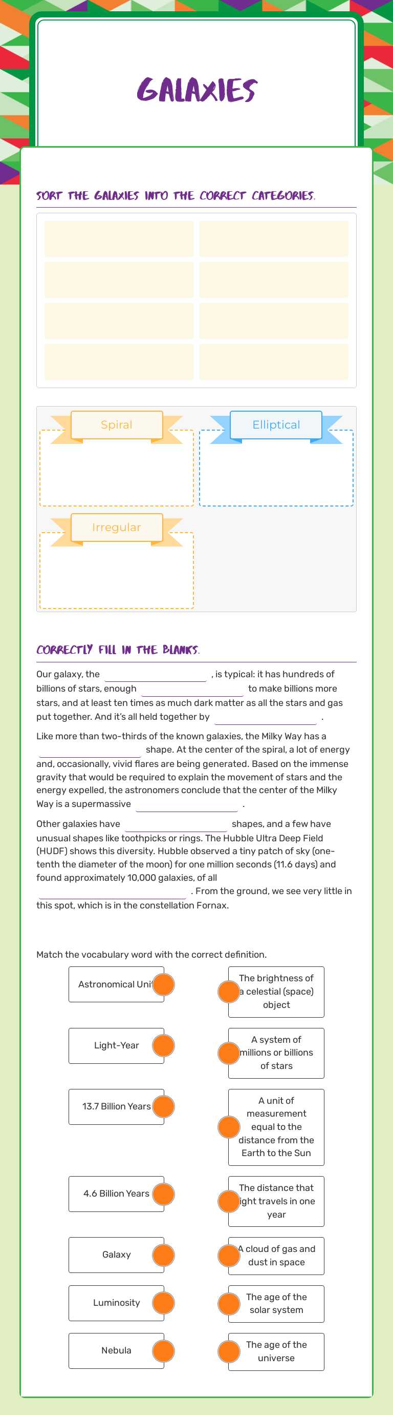 Galaxies worksheet preview image