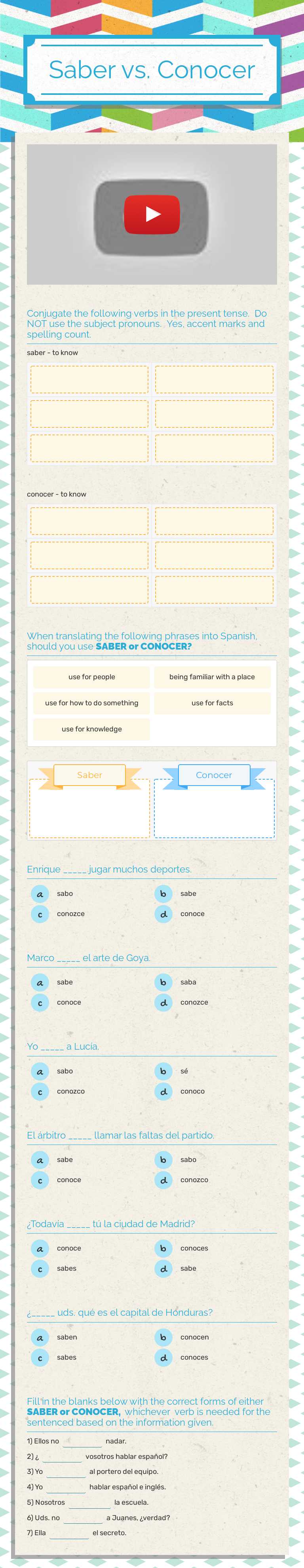 Saber vs. Conocer Grade 9 worksheet preview