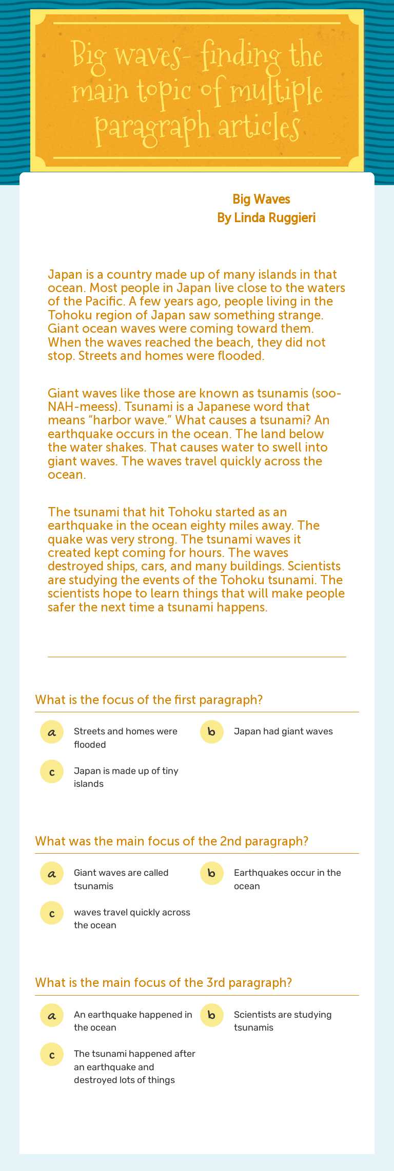 Big waves- finding the main topic of multiple paragraph articles worksheet preview image