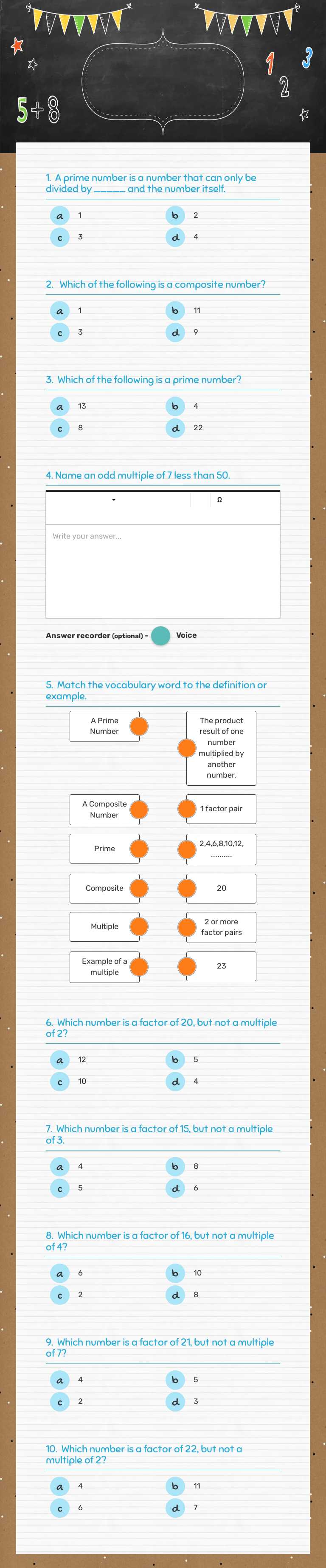 Prime, Composite, factors and Multiples Grade 4 worksheet preview