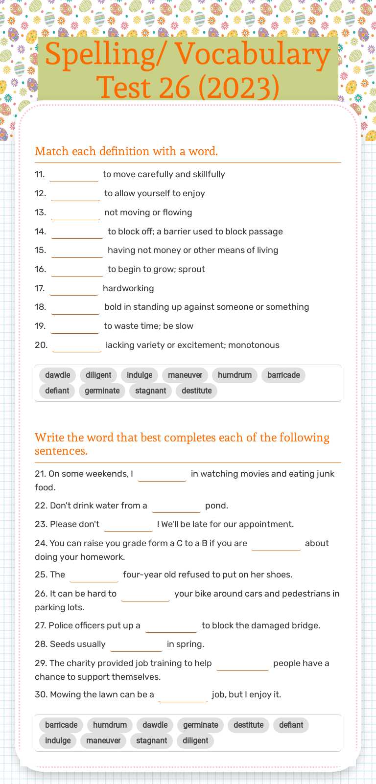 Spelling/ Vocabulary Test 26 (2023) worksheet preview image