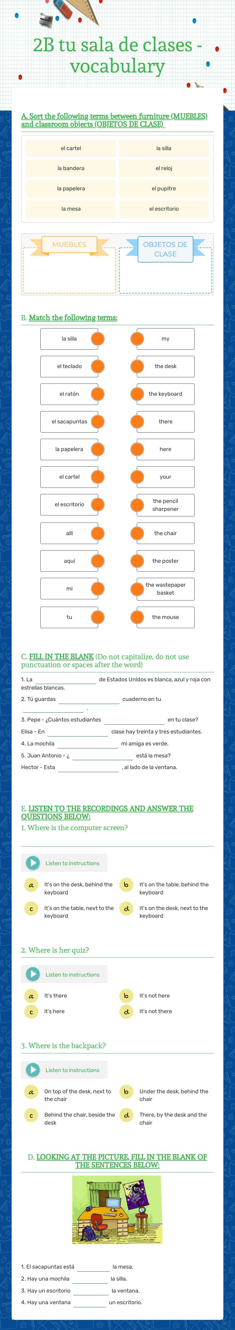 2B tu sala de clases -vocabulary worksheet preview image