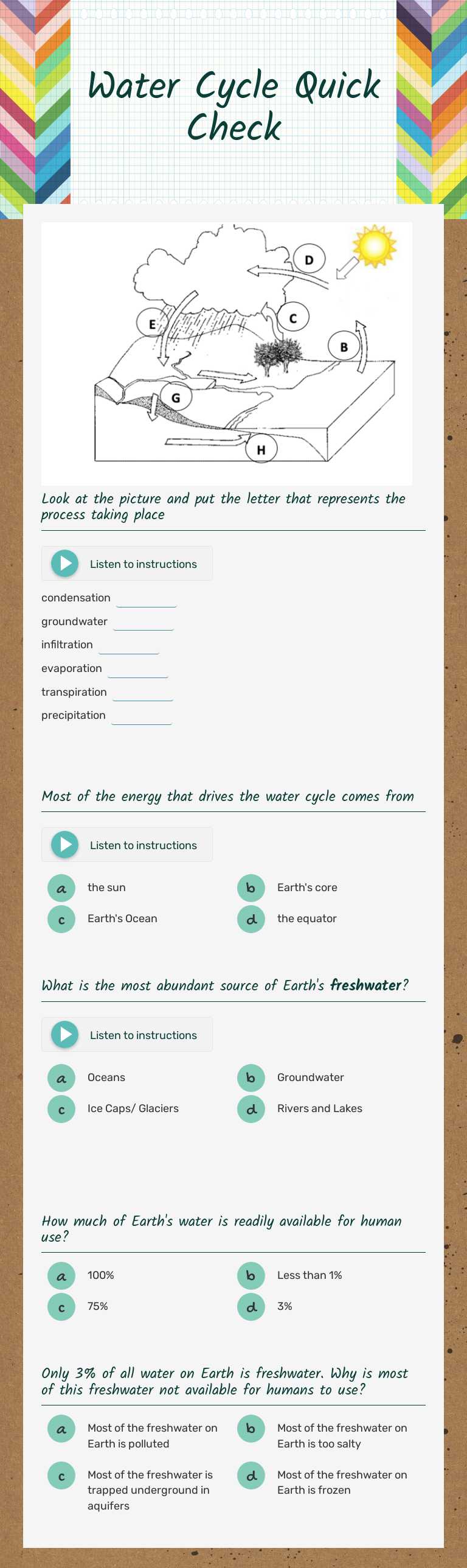 Water Cycle Quick Check worksheet preview image