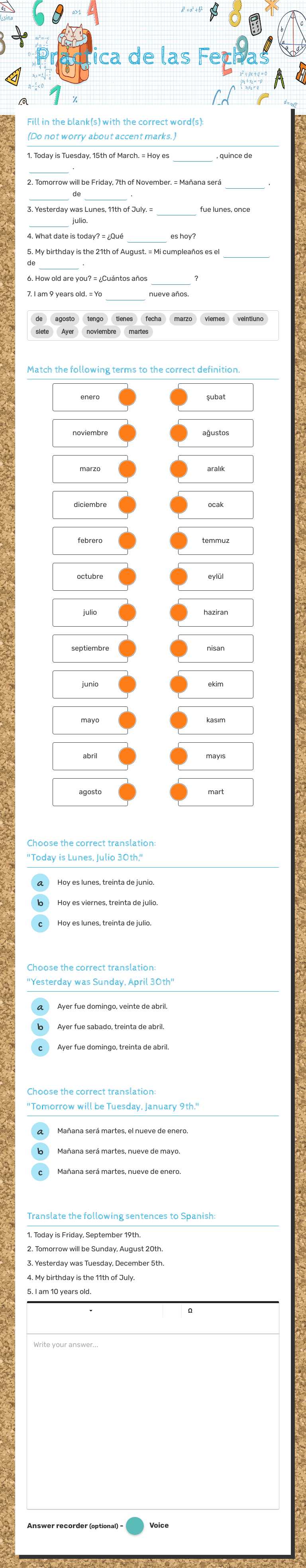 Practica de las Fechas Grade 7 worksheet preview