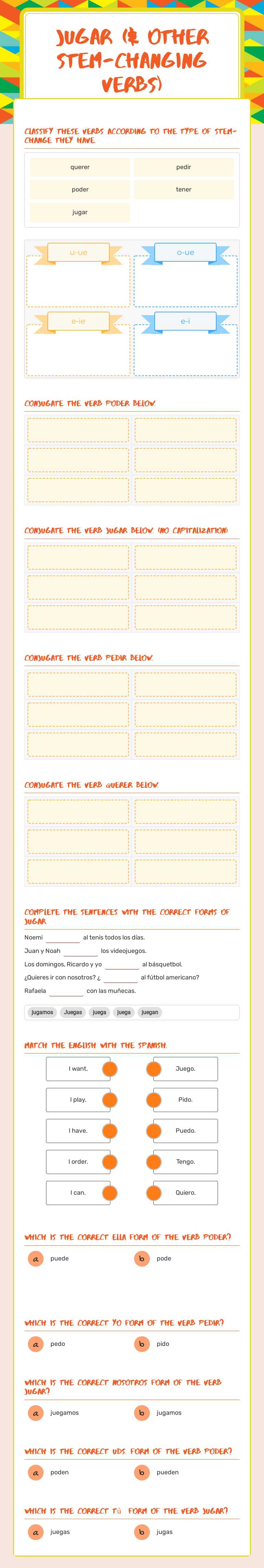 jugar (& other stem-changing verbs) worksheet preview image