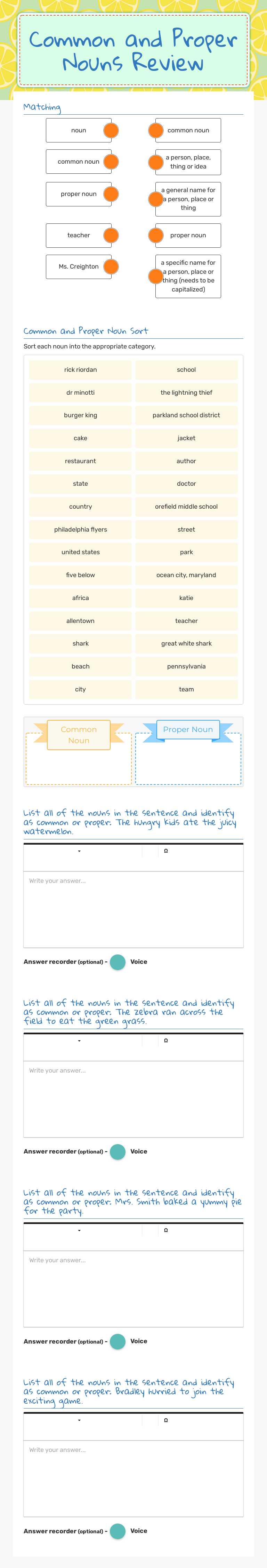 Common and Proper Nouns Review worksheet preview image