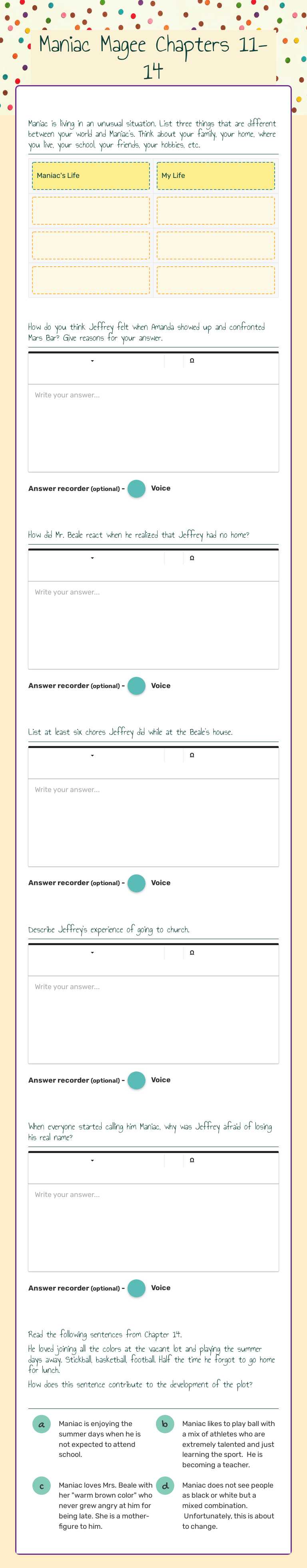 Maniac Magee Chapters 11-14 Grade 5 worksheet preview